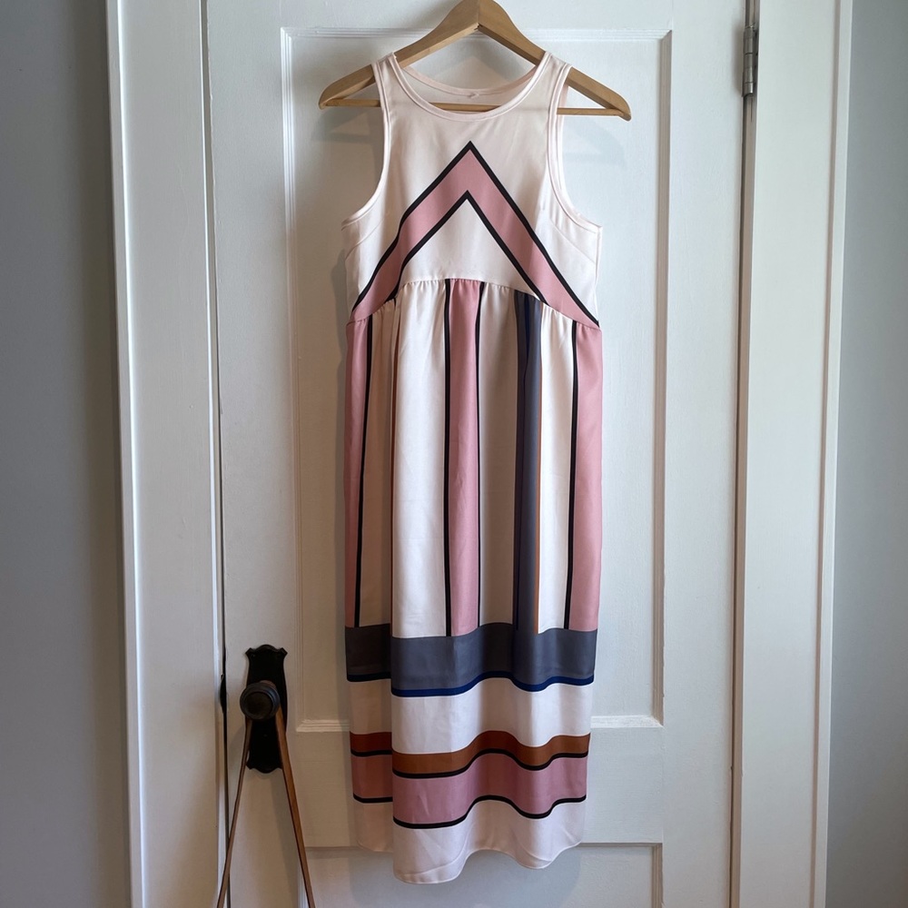 Blush dress with navy, orange, steel grey and pink geometric stripes
